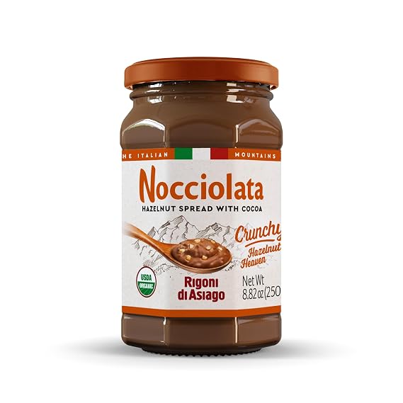 Rigoni di Asiago Organic Nocciolata Crunchy Crushed Hazelnut Cocoa Spread Gluten Free Palm Oil Free, 8.82oz (Pack of 1)