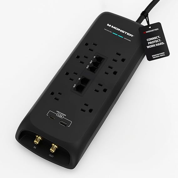 Monster Power Surge Protector w/ 4,050 Jules Rating Heavy Duty Power Strips with Surge Protection, 8 Outlets, USB-A & USB-C, 2 Coax, 5 Ethernet Ports, Fireproof MOV, Dual Mode (6FT Cord, Black)