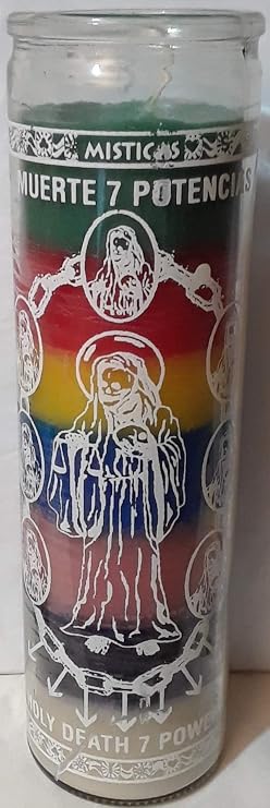 Muerte 7 POTENCIAS Veladora De 7-Colores (Holy Death 7 Powers) 7-Color, 7-Day Unscented Candle in Glass
