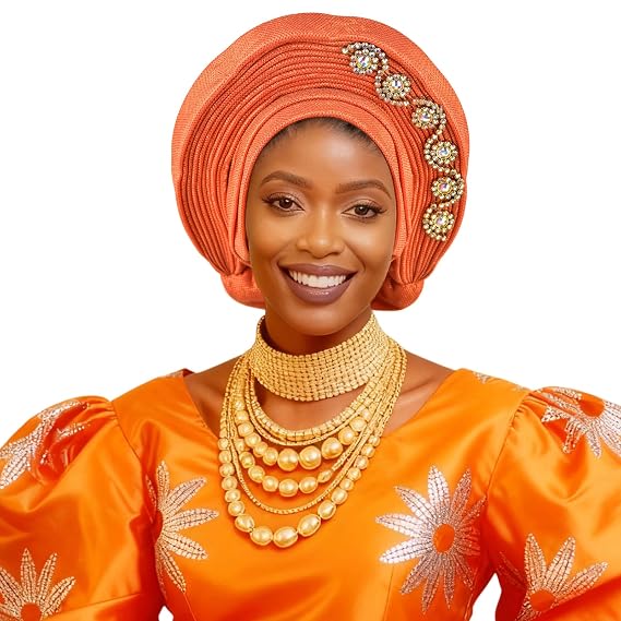 ASO OKE Nigerian headband African Turbans Hats Headties Stylish African Head Wraps and Auto Gele Head Ties (Orange, One size)