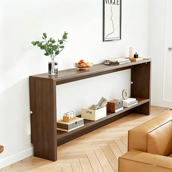 2 Tier Sofa Table, Table with Storage, Behind Couch Table, Wooden Narrow Sofa Table, Anti-tipping Device, for Living Room, Foyer,Brown,150x15x69cm