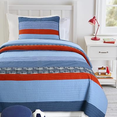 Cozy Line Home Fashions Navy Blue Red Striped Boy 100% Cotton Reversible Quilt Bedding Set, Coverlet, Bedspread Varsity, Twin - 2 Piece