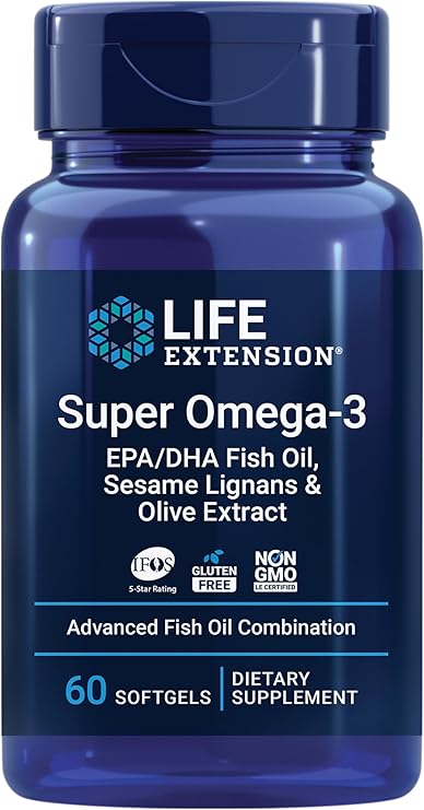 Life Extension Super Omega-3 EPA/DHA Fish Oil, Sesame Lignans & Olive Extract Heart Health, Brain Health, Inflammation Health Support, Cholesterol Health Support, Gluten-Free, Non-GMO, 60 Softgels