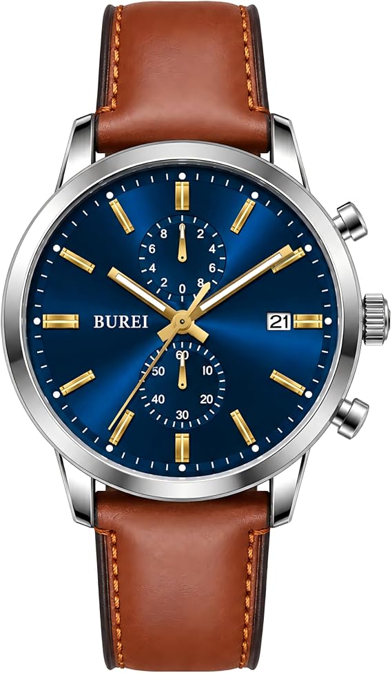 BUREI Men's Chronograph Watch 44 mm - Retro Watch Men's with Large Dial & Leather Strap Business Casual Sports Waterproof Gift for Men