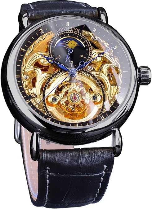 FORSINING Luxury Men's Watch with Moon Phase & Tourbillon, Retro Skeleton Hollow Self-Wind Mechanical Wristwatch, Leather Belt Automatic Movement Men Watches