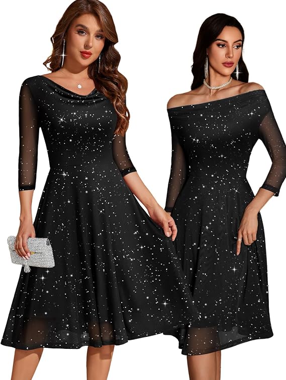 DRESSTELLS Cocktail Dresses for Women Formal Wedding Guest Sequin Sparkly Cowl Neck Midi Aline Mesh Dress