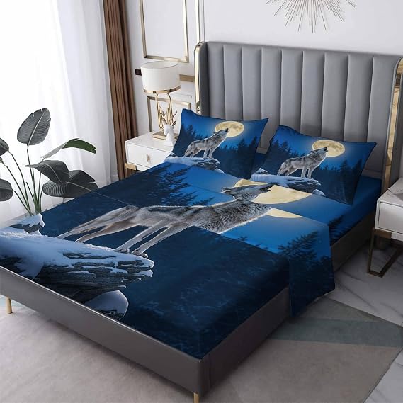 Grey Wolf Howling Moon Sheets Full Size Bed Set - Nature Wildlife Bed Sheets, Soft Microfiber & Deep Pocket & Wrinkle Free Sheet & Pillowcase Sets, Teen Boys Animal Bedding for Bedroom Decor