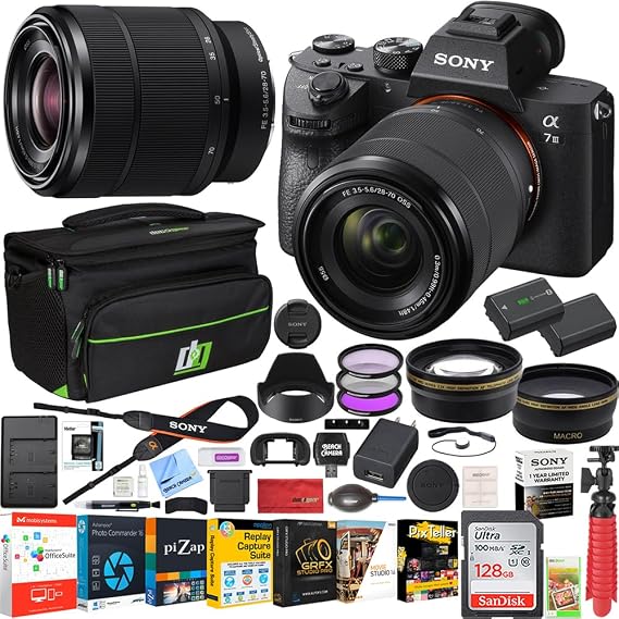 Sony a7III Full Frame Mirrorless Camera with FE 28-70mm F3.5-5.6 OSS Lens Kit ILCE-7M3K/B | Official Sony USA Partner Model | Bundle with Telephoto & Wide-Angle Lens Set, 128GB Card, Deco Gear Bag