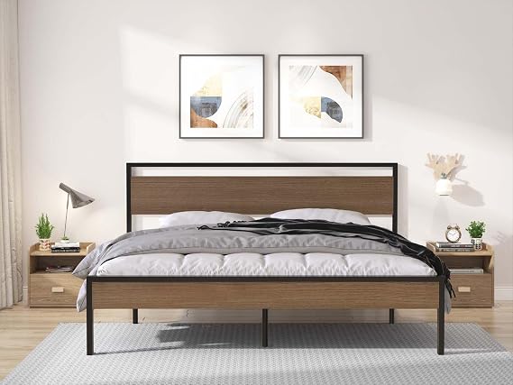 King Size Metal Platform Bed Frame with Wooden Headboard and Footboard, Heavy Duty Steel Slat Support, Storage Space Under Bed, Non-Slip, Noise Free, No Box Spring Needed (Light Brown, King)