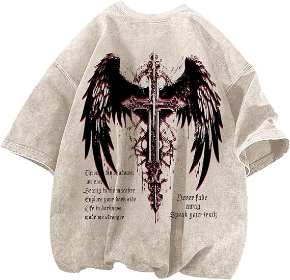 Vintage Goth Punk Shirts for Men Grunge Streetwear Oversized Tshirts Gothic Cross Y2k Graphic Tees Acid Wash T Shirt