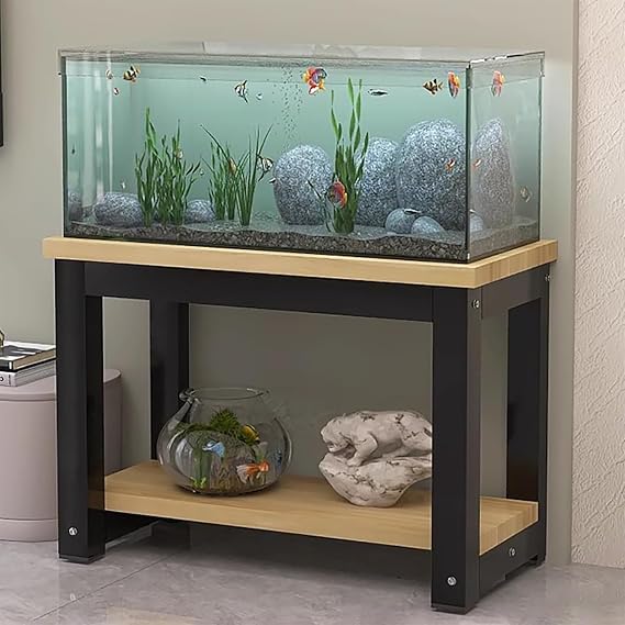 Aquarium Stand with Storage, Heavy Duty Metal Fish Tank Rack, 2-Tier Reptile Tank Shelf, Aquarium Table with MDF Boards, Plant Stand Organizer for Living Room Bedroom Office(Brown+Black,90x40cm)