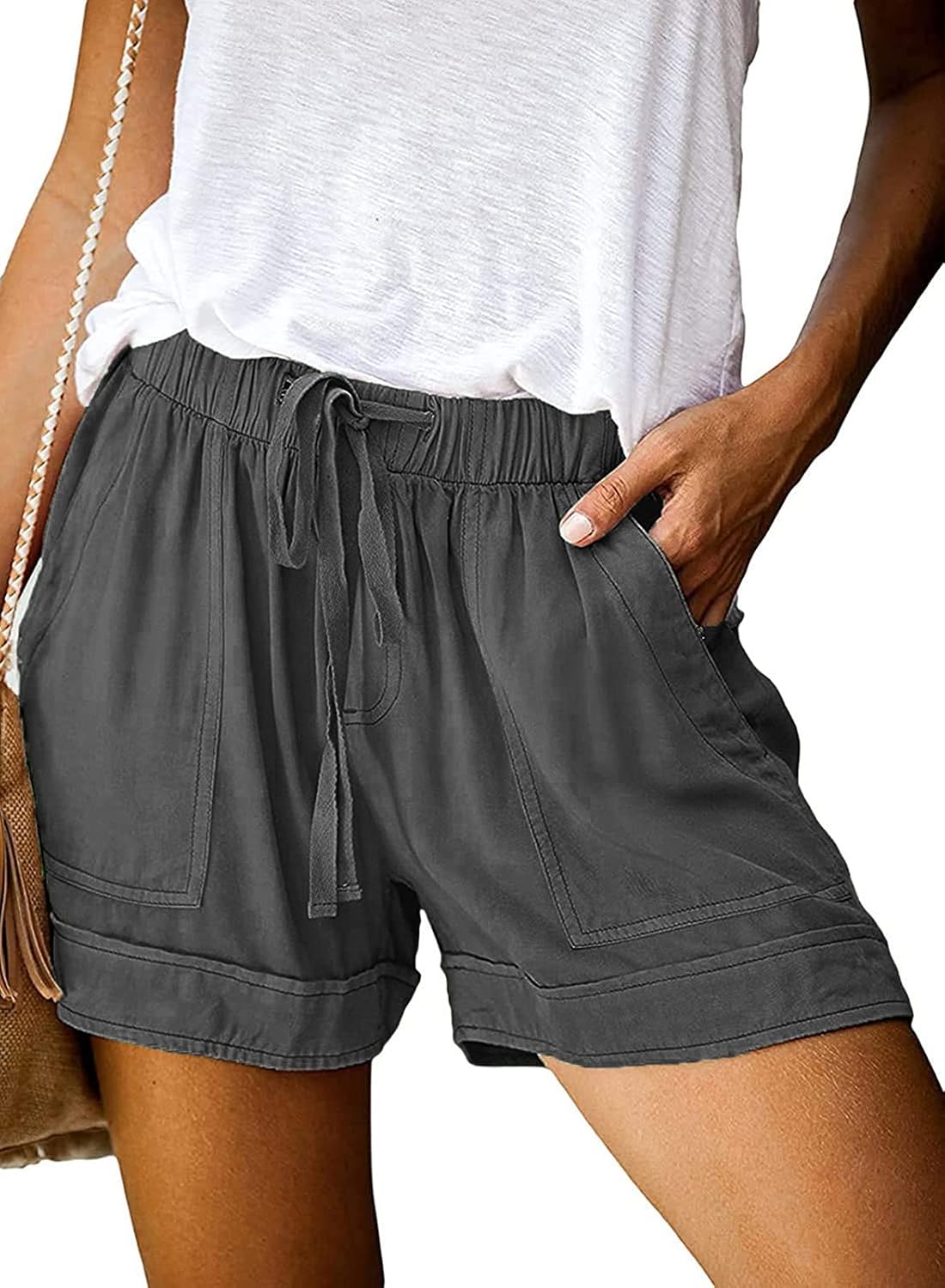 Basoteeuo Womens Shorts Summer Comfy Cotton Elastic Waist Drawstring Casual Shorts with Pockets