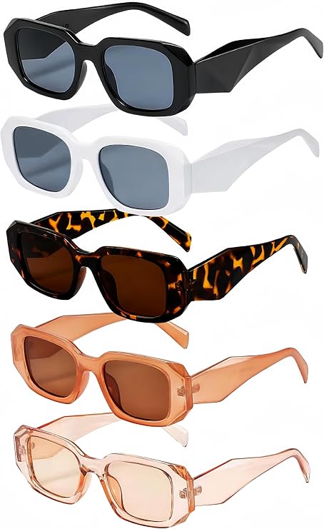 5 Pieces Y2K Small Rectangle Square Fashion Sunglasses Bulk for Women Men UV400, 142mm, 48mm, Black