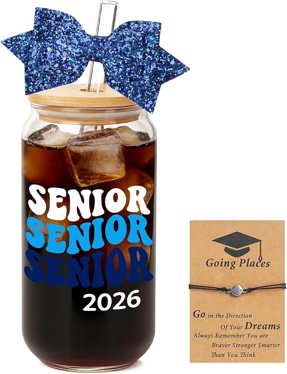 Graduation Cups, 18OZ 2026 Glass Cup with Glitter Bow and Bracelet