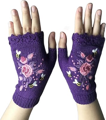 womfun Hand Embroidered Gloves Womens Knitted Gloves Flower Gloves,Embroidered Hand Fingerless Gloves for Women