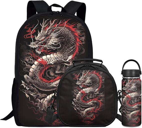 3 Pcs Dragon Backpack Set for Boys Cool Book Bag,Loong Bookbag for Elementary Kids Black Daypack with Lunch Box Water Bottle for 3-9 Years Children School Bags for Daily