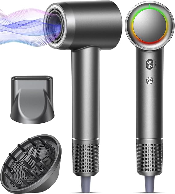 Fast Drying Without Extreme Heat, High-Speed Hair Dryer with 500M Negative Ions for Smooth, Frizz-Free Hair, Low-Noise Lightweight Blow Dryer with Diffuser & Concentrator, Gunmetal