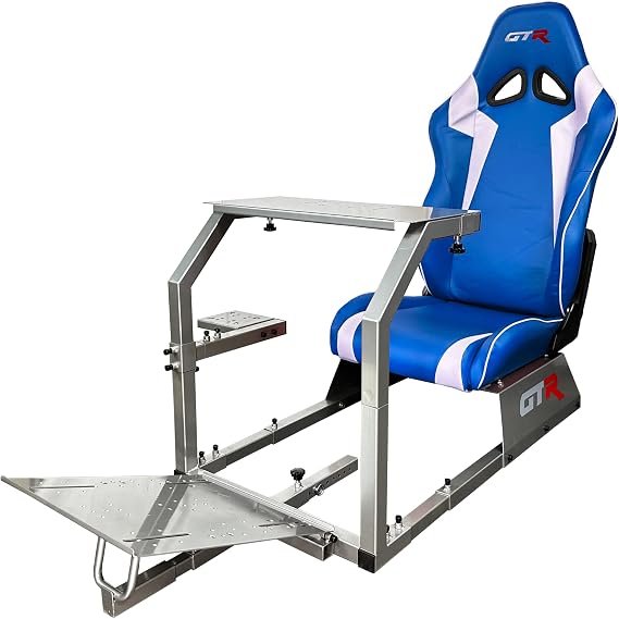 GTR Simulator GTA Model Silver Frame with Adjustable Blue White Leatherette Racing Seat Racing Driving Gaming Simulator Cockpit Chair