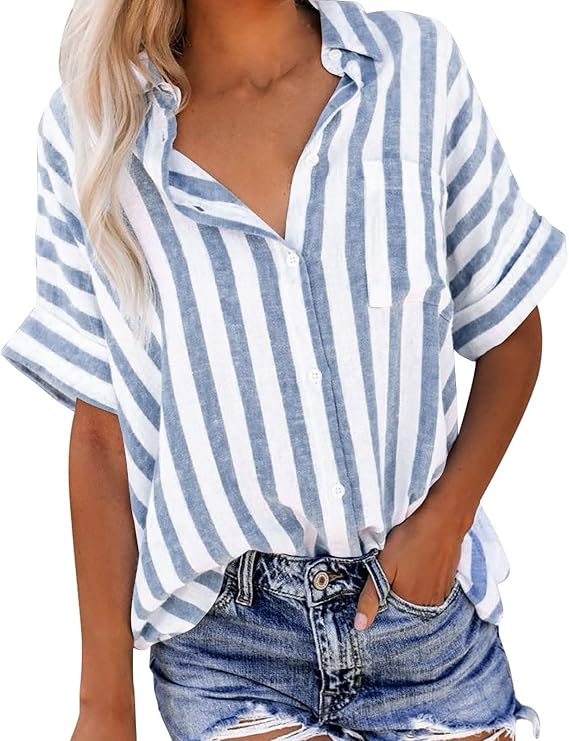 Womens Short Sleeve Rolled Shirts 2025 Summer V Neck Collared Striped Tees Casual Color Block Button Up Comfy Tops