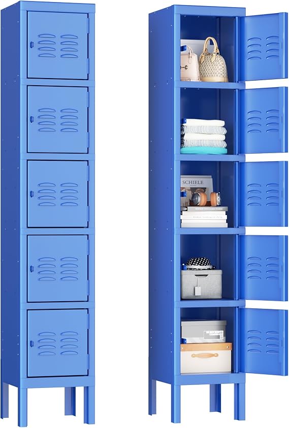 Pataku Lockers for Employees, Blue Lockers with Lockable Doors, Sports Locker with 5 Doors, Metal Locker for Office, 5 Tier Storage Locker Cabinet for Bedroom, Gym, School, Home