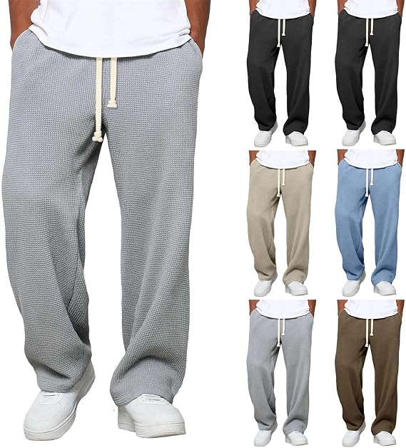 Baggy Sweatpants for Men - Waffle Knit Elastic Waist Drawstring Wide Leg Pant Loose Comfy Workout Jogger Pants