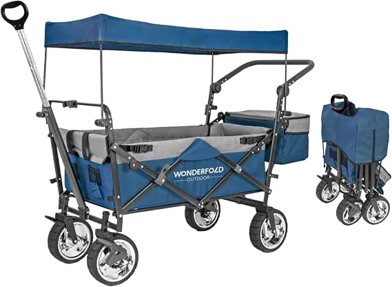 WONDERFOLD S4 Push & Pull Folding Utility Cart with Brakes, Removable Canopy, Telescopic Pull Handle & Adjustable Push Handle, 150 lb Capacity, Navy