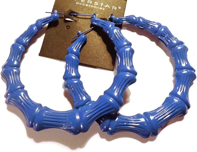 Large Bamboo Color Hoop Earrings 3 Inch Blue Bamboo Hoops
