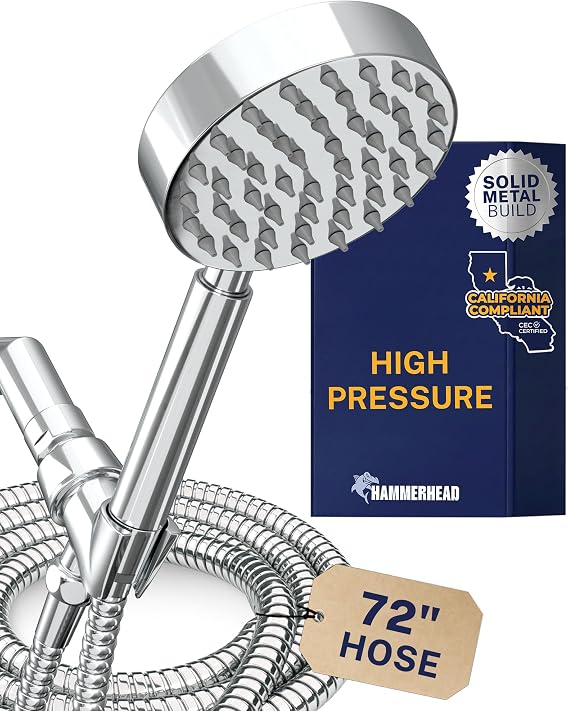 HammerHead Showers Solid Metal LOW FLOW Handheld Shower Head with Hose and Brass Holder - CHROME Water Saving 1.75 GPM Detachable Shower Head - Adjustable Shower Wand Bracket & 6ft Hose