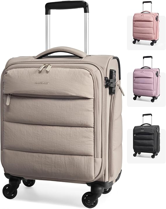 BAGSMART Softside Underseat Personal Item Suitcase with Wheels, Camel | Airline approved lightweight luggage with PVC wet/dry organization pockets, smooth spinner wheels for short trip travel