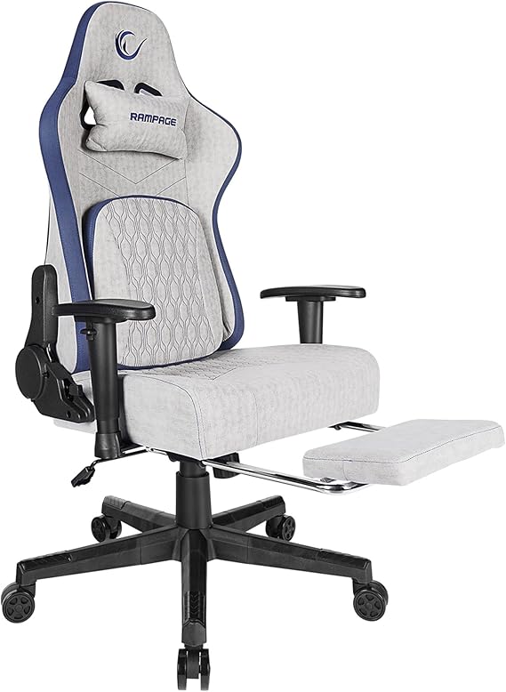 Rampage MC-8663B Typhoon Oyuncu Koltuğu Gri Mavi, Terletmez Kumaş, Yatabilen Sırt, Yükseklik Ayarlı Kol Desteği, Ergonomik Gaming Chair, 120-139 kg Taşıma Kapasitesi, 2 Yıl Garanti Dayanıklı