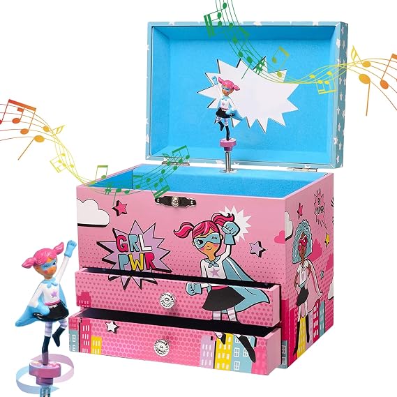 Jewelkeeper Girl Power Superhero Musical Jewelry Box with 2 Pullout Drawers - Plays Fur Elise Tune - Durable Pine Fiberboard Storage Box with Spinning Superhero Doll and Velvet Lining for Girls Gifts