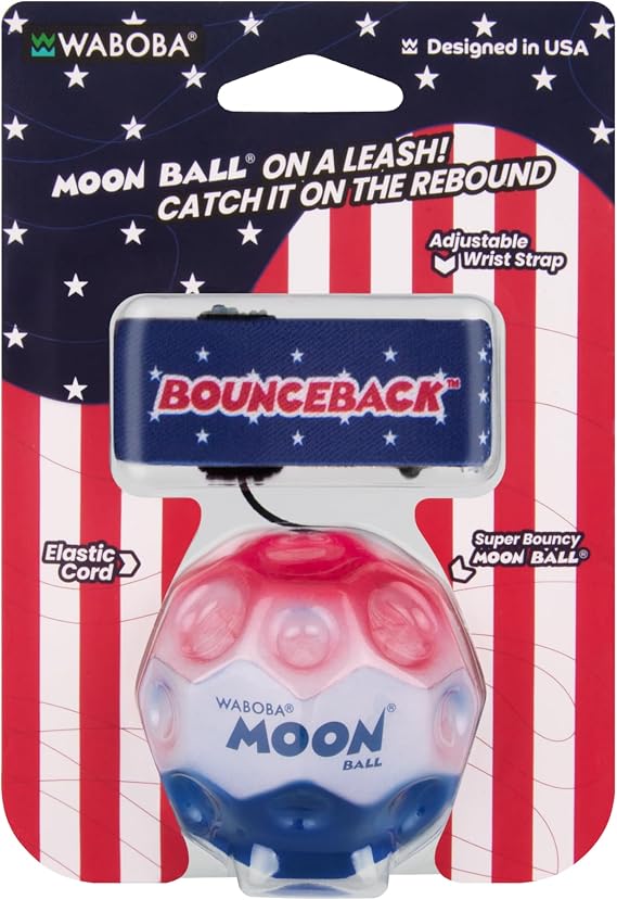 Waboba Bounceback Returning Stars and Stripes Moon Ball, Carded Blister | Extreme Bounce and Fun, Super High Bouncing Ball, for Active Play and Outdoor Games