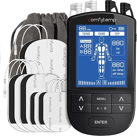 Comfytemp K6106 4 Channels 8 Electrodes TENS/EMS/DIY Device Pain Therapy with 24 Modes Massage for Arm Leg Back Shoulder Neck with 10 Electrode Pads