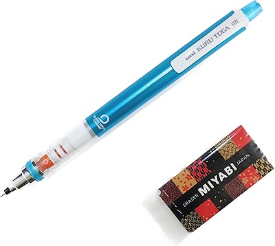 GORLENKEGORLENKEGORLENKEUni Mechanical Pencil, Kuru Toga 0.5mm, Blue M54501P.33 & MIYABI Stationery ERASERBlack Original Set M54501P.33