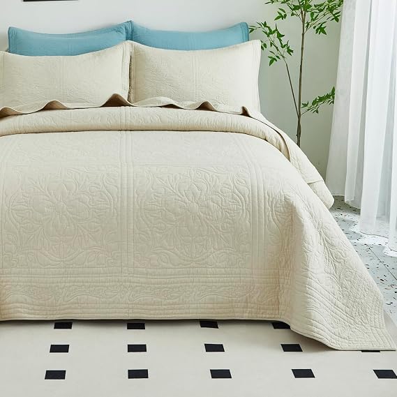 WINLIFE Beige 100% Cotton Quilt Set Queen Size (90''x98'')