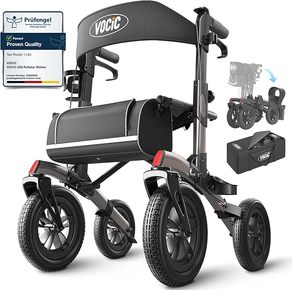 VOCIC All Terrain Rollator Walker with Seat, 30cm Tyre, Outdoor Walker
