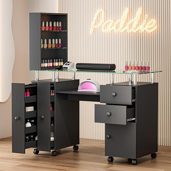 Manicure Table Nail Tech Table, Glass Top Nail Desk Station for Nail Tech w/Shelves & Wrist Cushion, Acetone Resistant Beauty Salon Workstation w/Lockable Wheels(Black)