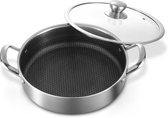 Toutrop Stainless Steel Saute Pan 12 inch Deep Frying Pan,5 Quarts Nonstick Skillet Large Saute Pan with Lid,PFOA Free Cookware,Induction Compatible Chef Cooking Pan,Dishwasher & Oven Safe