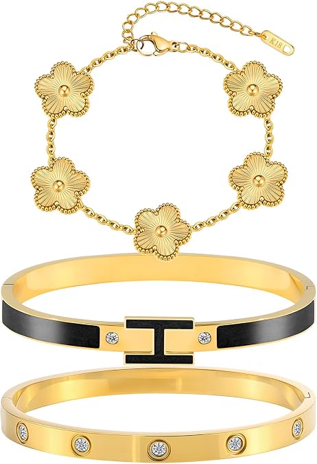 Camhanno Silver Bracelets for Women-4Pcs 18K Gold Plated Love Bangle Tennis Clover Nail Bracelets Stack Set for Women Trendy Non Tarnish Stainless Steel Gold Bangles Accessories Designer Jewelry
