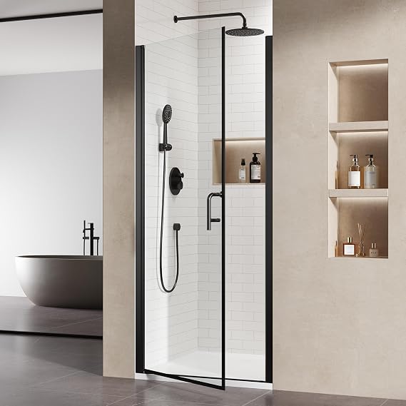 Pivot Shower Door,34 in. W x 72 in. H Hinged Single Panel Swing Glass Shower Door with SGCC 1/4" Clear Tempered Glass Reversible Installation Matte Black Handle Glass Door