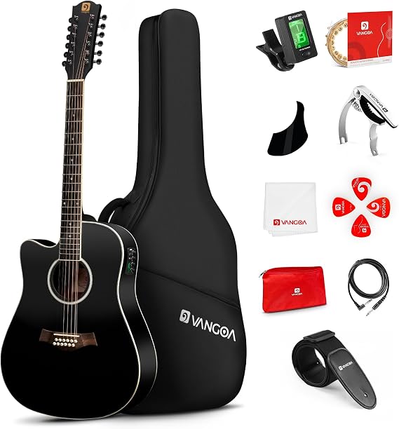 Vangoa LEFT HANDED 12 String Guitar Acoustic electric Cutaway 42 Inch Full Size Dreadnought Spruce Top Sapele Body for Beginners Teens Adults, Black, Matte