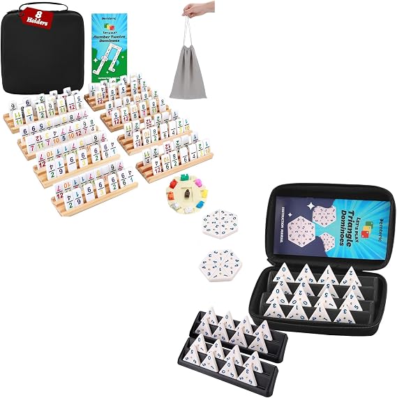 Double 12 Colored Number Dominos with 8 Wooden Racks+Triangle Domino Game Set with 4 Holders