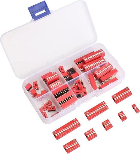 40PCS Double Row Dip Switch Assorted Kit 1 2 3 4 6 8 10 12 Position 2.54mm PCB Mountable On Off Dip DIL Switch, Slide Type Red Toggle Switch for Circuit, Breadboards, and Arduino