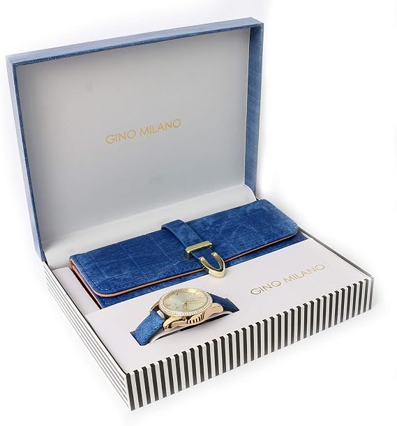 Women's Gold Leather Band Watch & Matching Tri-Fold Wallet Set