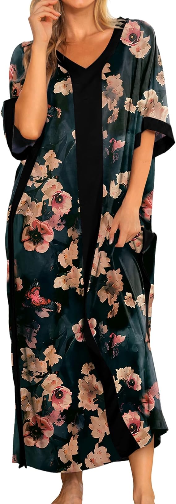 Bloggerlove Women Nightgowns Cotton Caftan House Dress Short Sleeve Sleepwear Vacation Beach Moo Moos Dress with Pockets