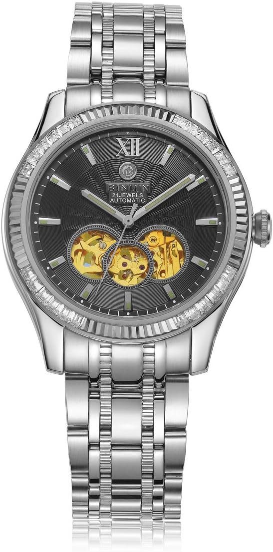 BINLUN Mens Automatic Mechanical Watch Silver Stainless Steel Waterproof Luminous Skeleton Wrist Watches for Men