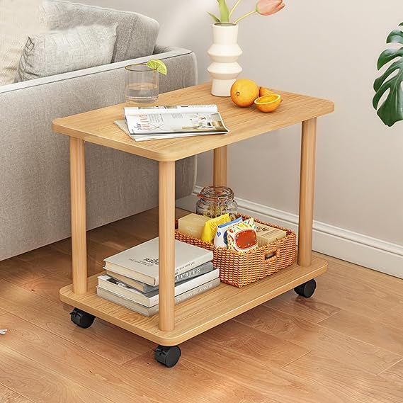 Bedside Table, Coffee Table with 360 Degree Swivel Solid Wood Legs, 2 Tier Sofa Side Tables for Living Room, Bedroom, Home Office Wooden Color