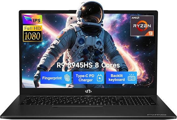 NIMO 17.3 Gaming-Laptop Ryzen 9 8945HS (Beat i9-13900H, Up to 5.2GHz) 16GB RAM, 512GB SSD, Radeon 780M, PD 100W Type-C AI-Enhanced for Copilot VR Ready, Backlit Keyboard, Fingerprint