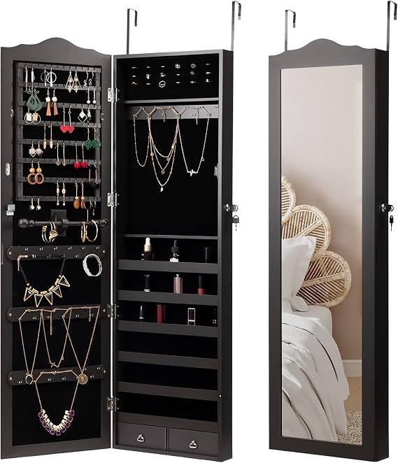 Jewelry Cabinet Lockable Wall Door Mounted Hanging Jewelry Armoire Organizer With Full Length Mirror 2 Drawers,Black