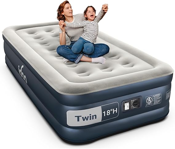 iDOO Twin Air Mattress with Built in Pump, 18" Raised Compact Blow up Mattress, Inflatable Mattress for Camping Guest Home, Portable Travel Air Bed, 2-Min Quick Inflation Deflation, Colchon inflable